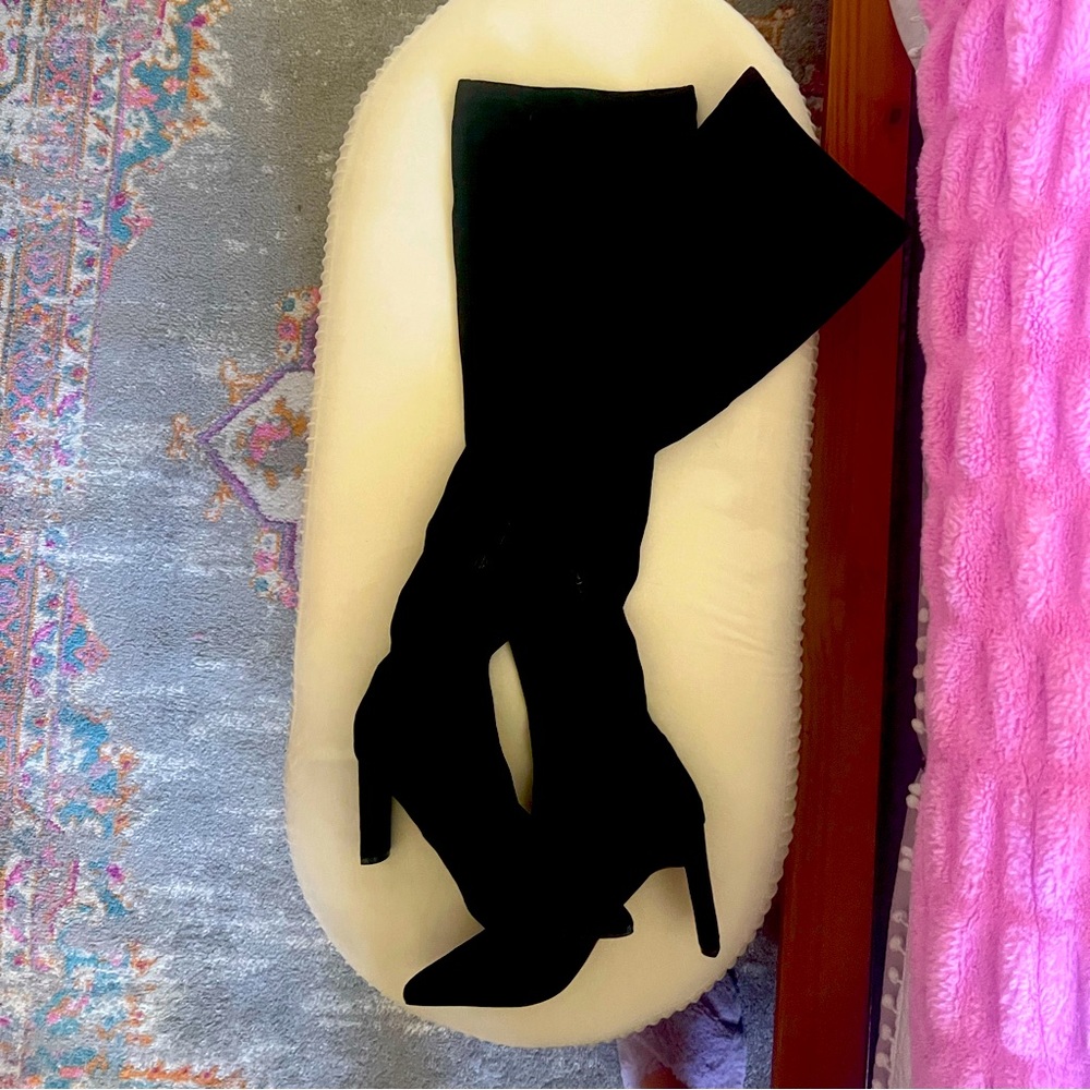 Never been worn. So Me, size 7.5, thigh high black faux suede high heeled boots.